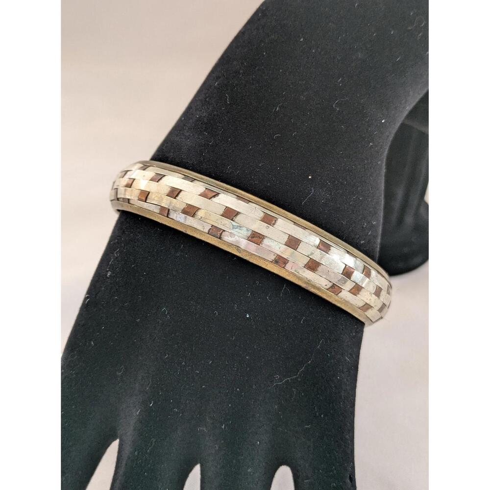 Vintage Style Inlaid Woven Metal Bangle, Brass Tone with Patterned Detail
